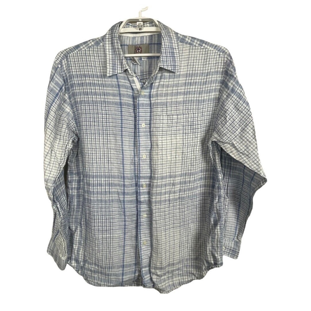 The Territory Ahead Linen Shirt Mens Large Blue White Plaid Long Sleeve Casual